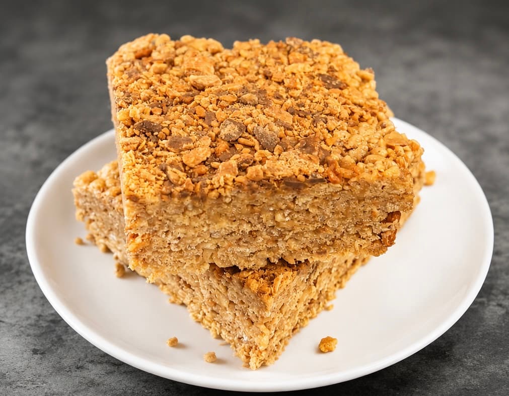 Peanut butter candy crunch crispy treats stacked on a plate