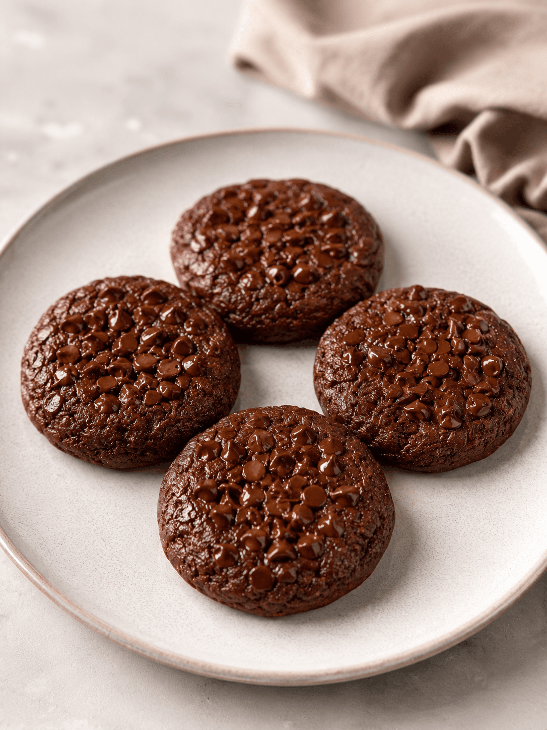 Four dark chocolate cookies covered in chocolate chips